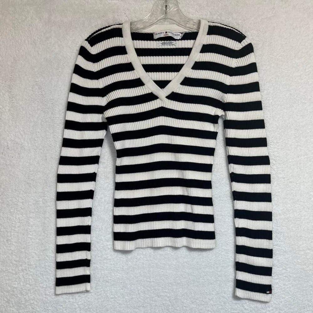 Black and White Stripped Ribbed Y2K Tommy Hilfiger Long Sleeve Top Size Large